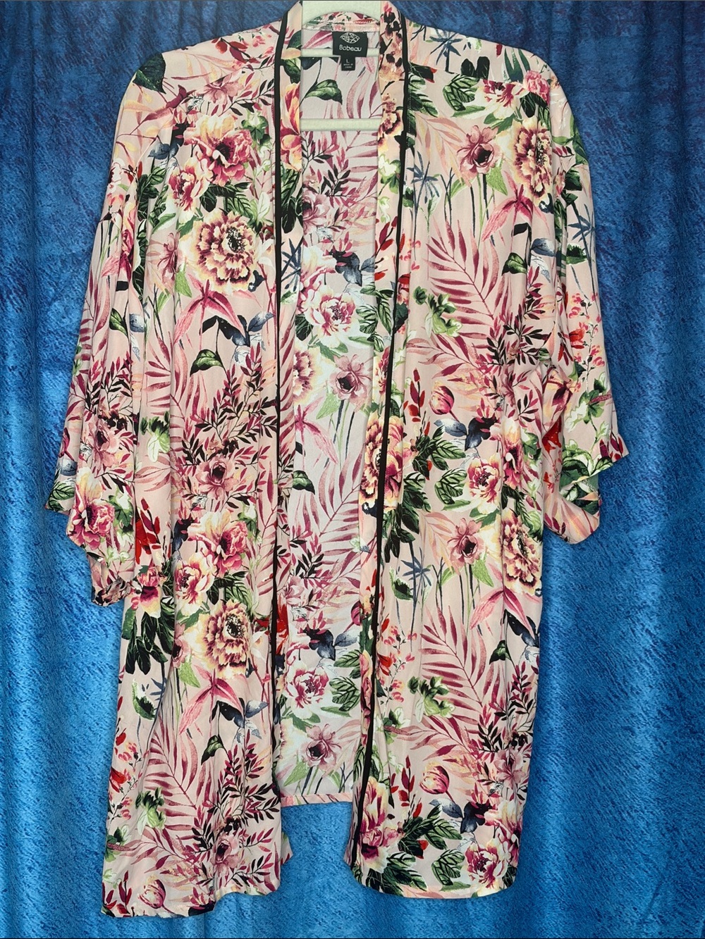 bobeau Pink Floral Kimono Robe with Green Leaf Print